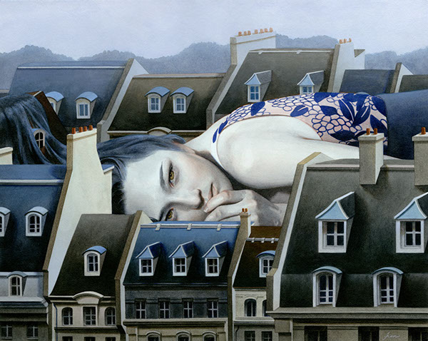 Tran Nguyen richard solomon women buildings city proportion realistic roofs home black and white color