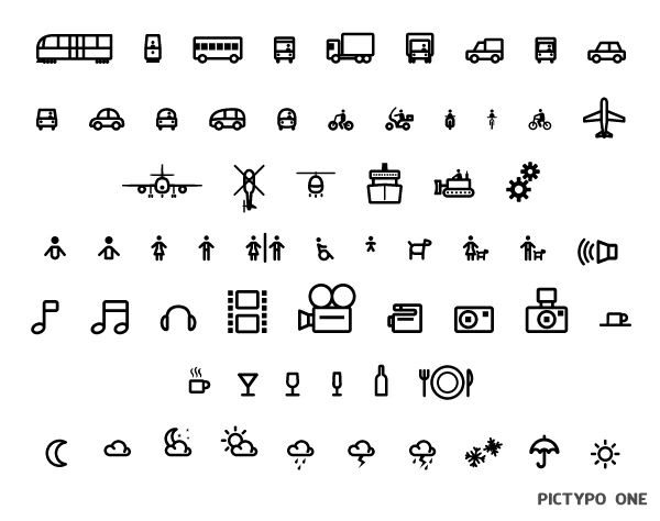 Opentype dingbat pictogram Office weather arrows hands vignette fleuron mobility Transport symbol