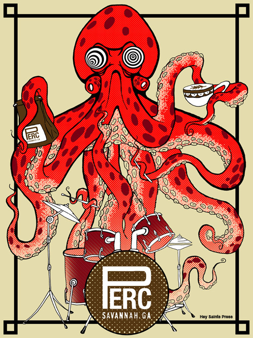 octopus Coffee drum screenprint ILLUSTRATION  poster