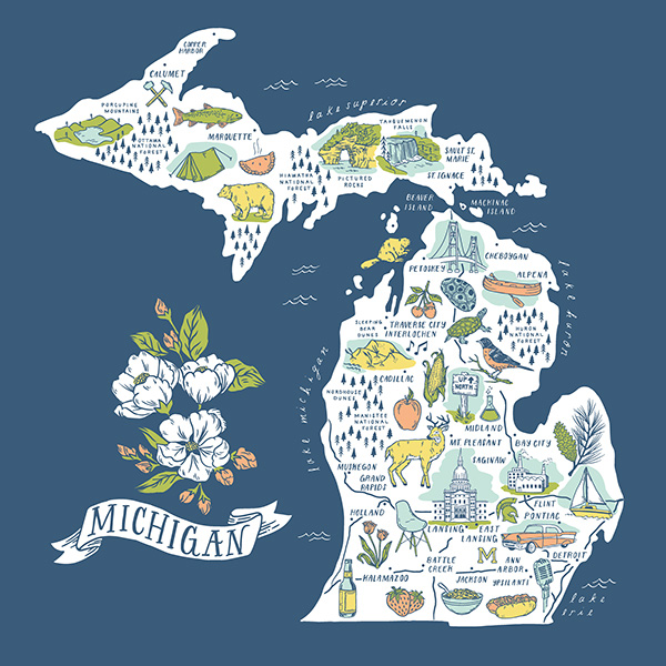Michigan Illustrated Map - Five-Color Screen Print