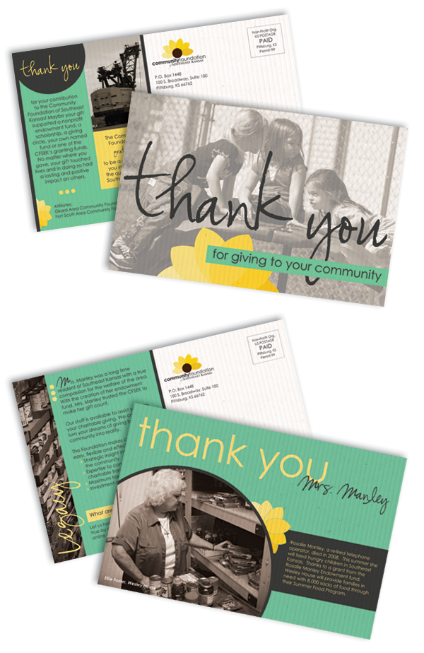 community foundation non profit postcard mailer Direct mail yellow teal design