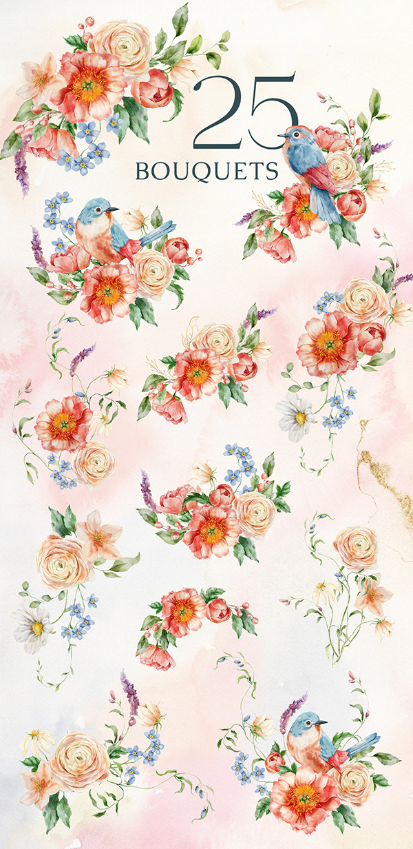 Peachy meadow floral watercolor wildflowers and birds
