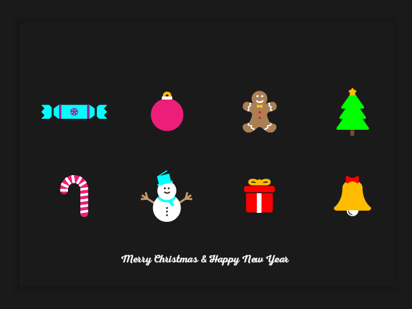 Christmas xmas cards bright black bold simple simplistic vector snowman Gingerbread bell Cracker present Tree 