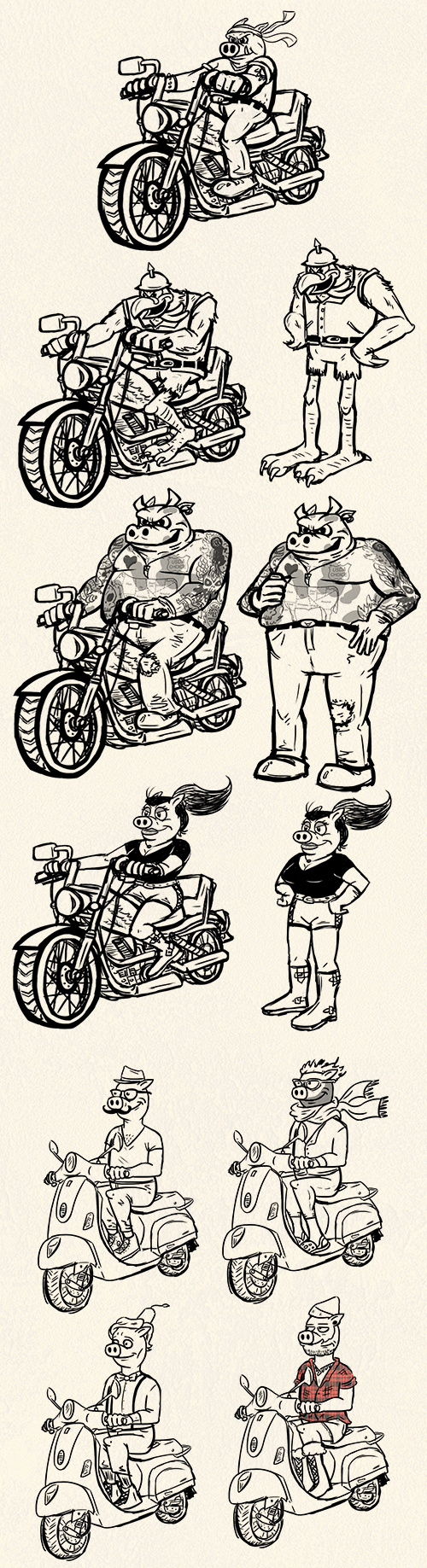 commercial pig chicken cow BBQ biker motorcycle drawings Hipster moped Doctor Who