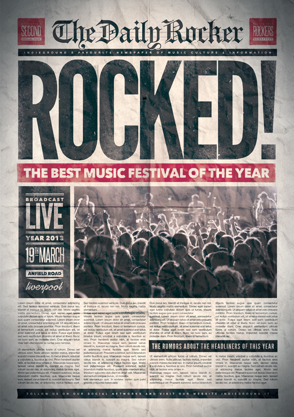 psd photoshop template newspaper magazine Headline grunge indieground   rock flyer poster gig festival typo