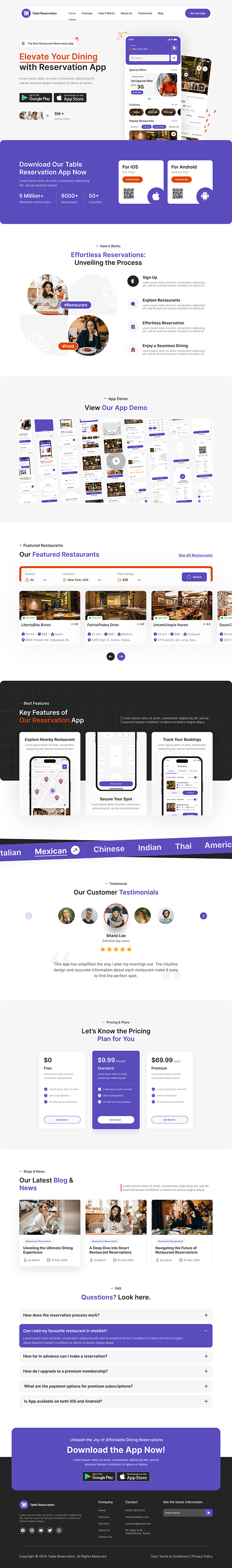Restaurant Table Reservation App Landing Page UI Design