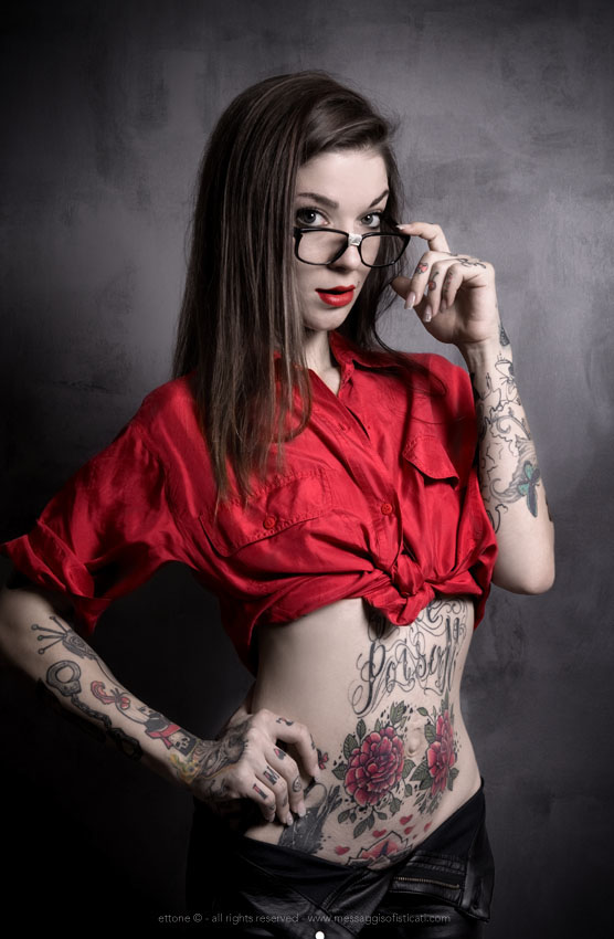 tattoo nerd red glasses blouse SILK pin-up dark darkness bad girl Style shirt school