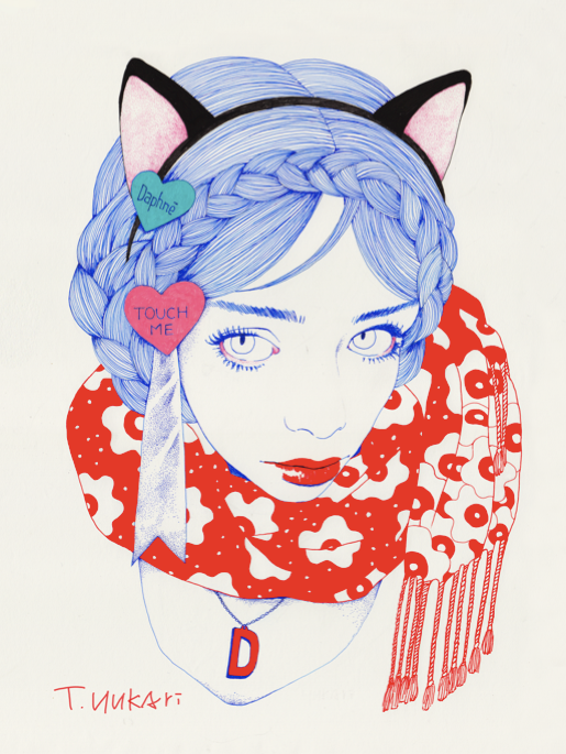 red blue hair flower Cat girl