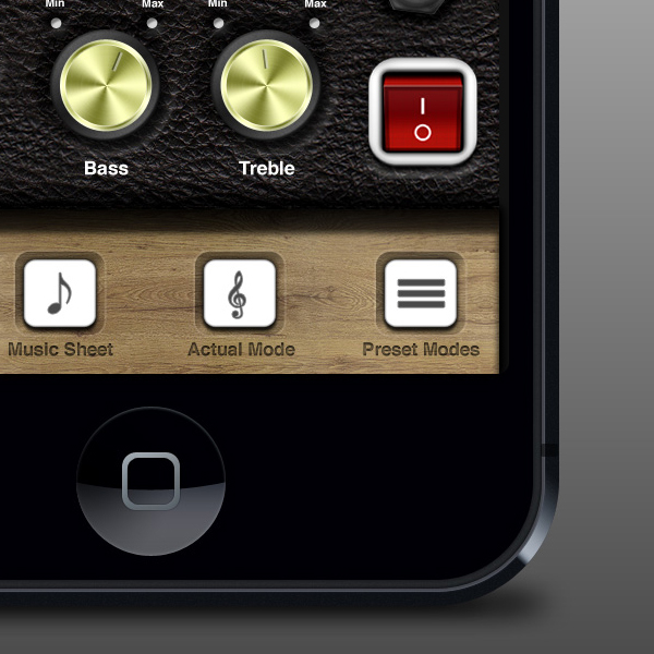 iphone UI desing gold knobs amplifier wire switches wood leather texture skeuomorphic design iphone app ui icons