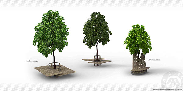 design Bercy mobilier 3D modelisation Banc  assise fauteuil bois acier Paris arbre Nature tonneau