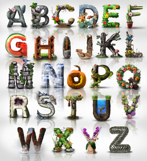 letters Nature alphabet Fruit Flowers leaves lizard watermelon fish underwater twigs branches outdoors earth