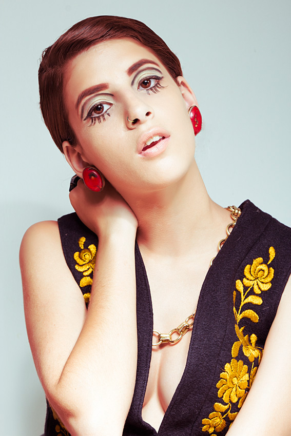 60's  pixie   Photography Beauty shots beauty model Make Up editorial sunflower earrings accesories Clothing