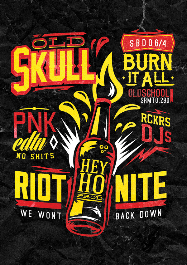 old skull riot nite punk rock rock party flyer rosario design argentina design Overloaded ovr hey ho prod