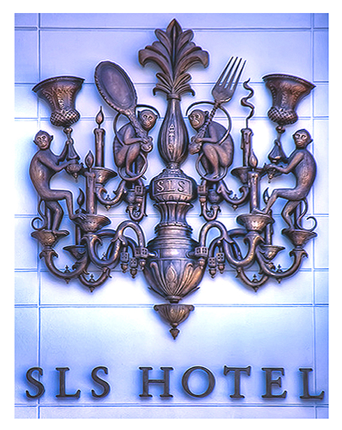 SLS Hotel Steven Noble monkeys chandelier logo scratchboard line art woodcut