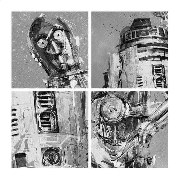 ink watercolor sketch star wars disney The Force Awakens Cinema texture R2D2 portrait digital splash