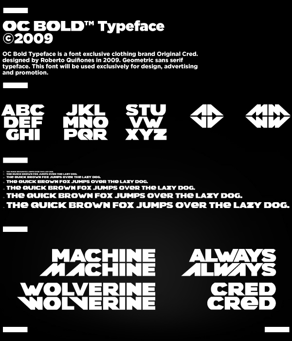 Typeface font OC BOLD OC LIGHT ORIGINAL CRED. Logotype poster THE QUICK BROWN FOX