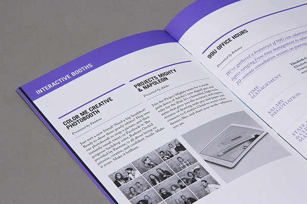 99U conference materials card sticker magazine simple badge brochure Program design Behance purple black modern