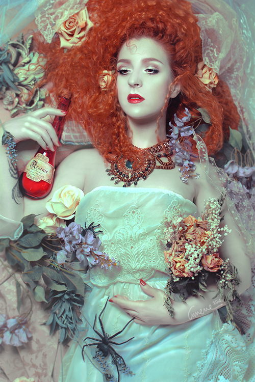 photo Editing  retouch model girl pre-raphaelite red head curly hair Decadence romantic poison arsenic death suicide Flowers