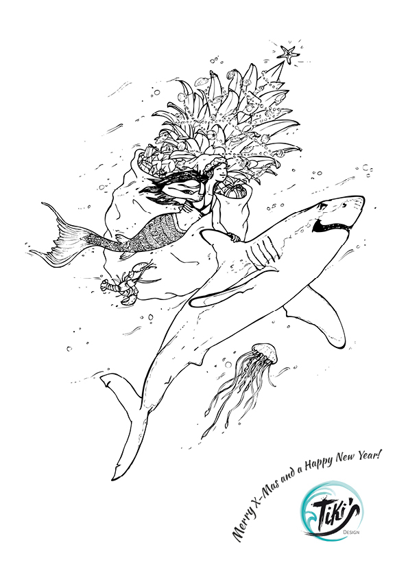 xmas x-mas card poster COLOURING greeting card mermaid shark underwater diving Pineapple Santa Claus Ocean sea freebie