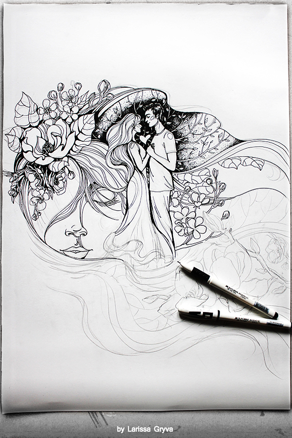 art ink Love spring Flowers black white paper gel pen line decorative girl couple hand drawing romantic Portret