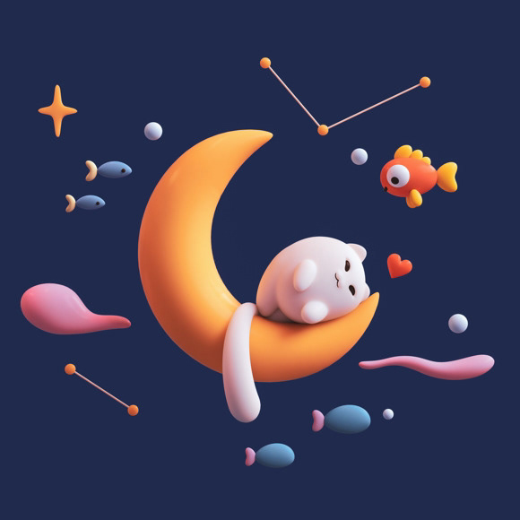 minimal art kawaii cartoon VisDev moon fish abstract Space  Cat stylized