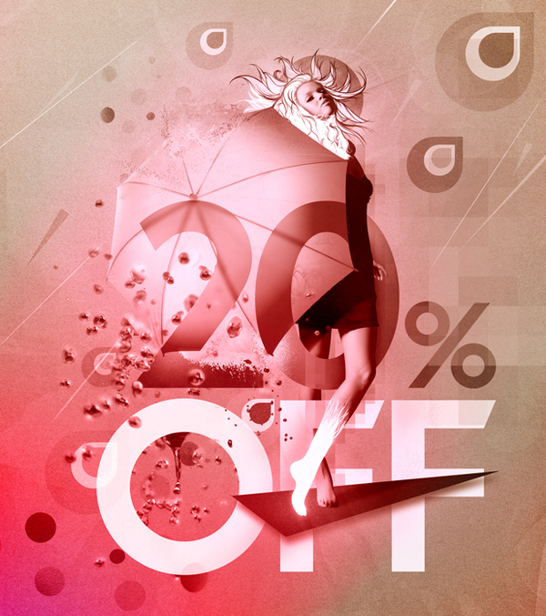 Urban Outfitters 20% Off vibrant manipulation digital Email campaign girl glow art Promotion Umbrella dissolve rain female drops particles radiant bokeh green London textured grunge dress surreal