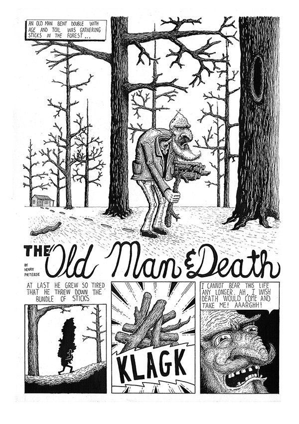 Aesop fable comic sequential old man death skeleton sticks