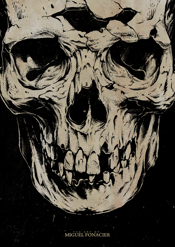 human skull black White detail migy silk screen poster print