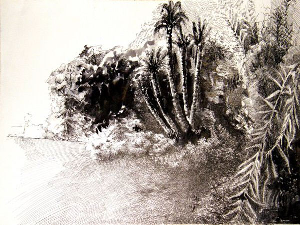 alexandria el max sea Landscape etching pin& ink sketch art Tree  Boats