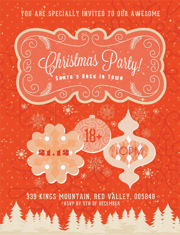 Christmas xmas Invitation party santa decorations grunge texture orange red White snow Landscape winter Holiday