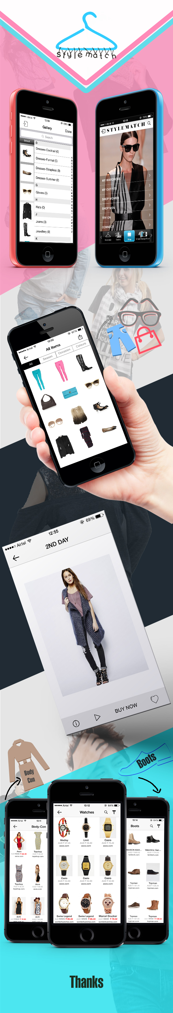 VIRTUAL CHANGE ROOM - AUGMENTED REALITY - DIGITAL WARDROBE - INTERACTIVE OUTFITS - SHOPPING - FLASH SALES - UI app design