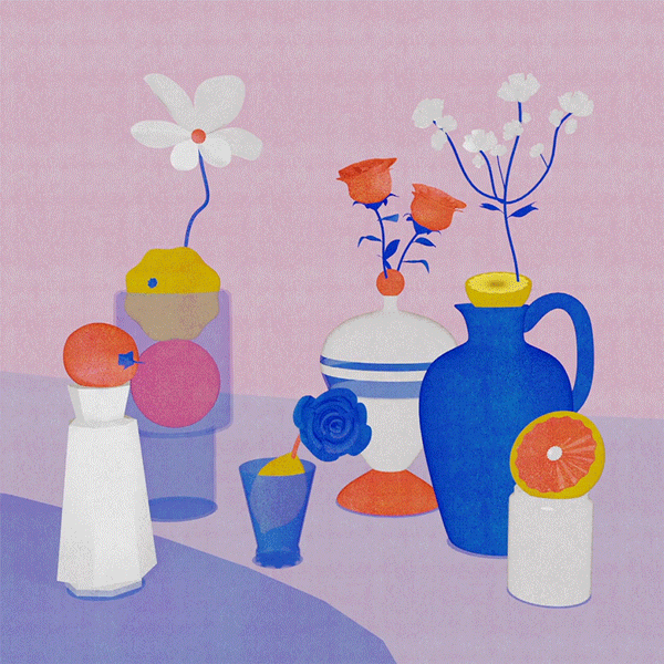 Animated image of various vases with flowers and citrus.