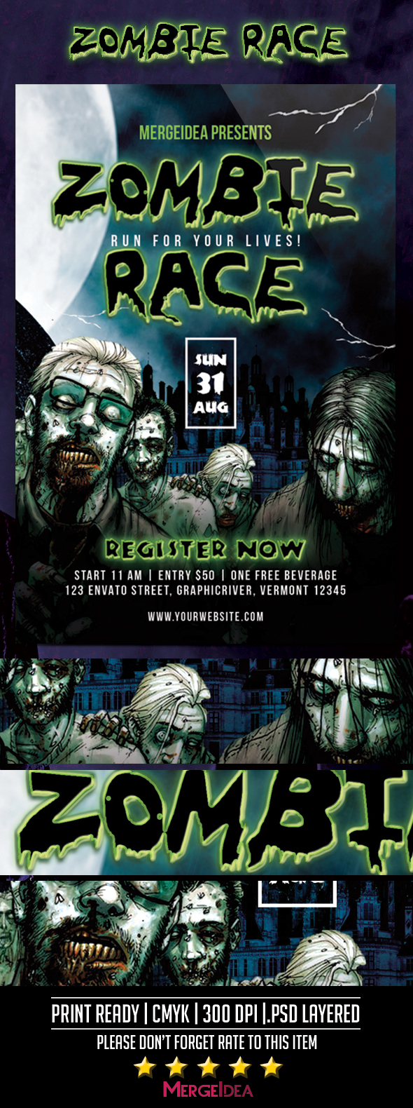 zombie zombie race Zombie Run Halloween Event flyer template photoshop design Invitation party horror ghost night dark