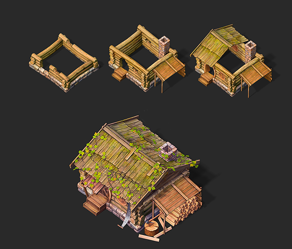 Wooden buildings and objects. Drawing for the game.