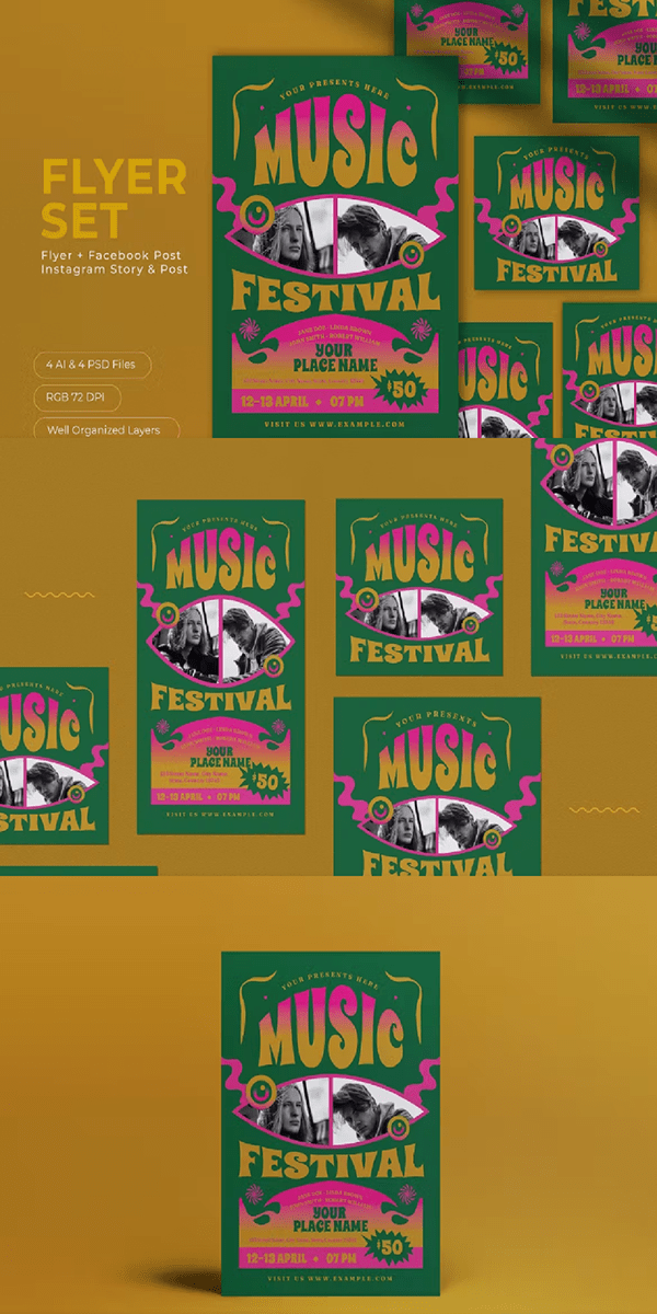 Green 70s Music Festival Flyer Set