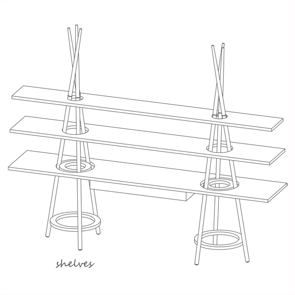 Tipi shelving system furniture modular tribal Ethnic working desk shelves Joynout Assaf Israel hanger