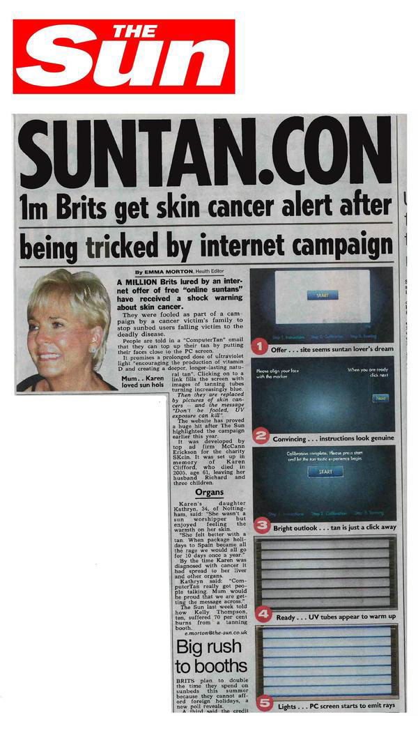 Computer tanning online Viral Web charity sckin cancer skin Sun