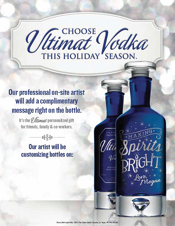 Ultimat Vodka Event Holiday on-site Retail custom bottle messaging pop-up table Signage liquor alcohol