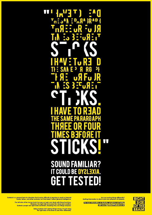 dyslexia campaign awareness poster leaflet minimal print symptoms black and yellow black and white Copy Writing clever vector Website