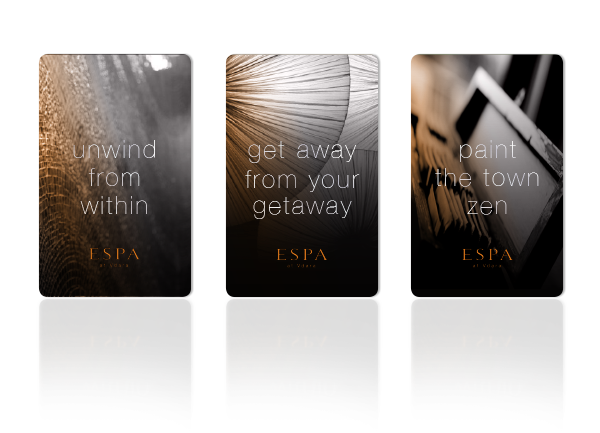 A set of hotel keycards featuring ESPA at Vdara branding.