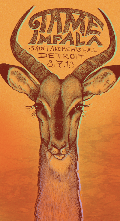 Tame Impala gig poster band poster tame impala poster detroit st. andrew's hall psychadelic deer impala animal orange HAND LETTERING lettering