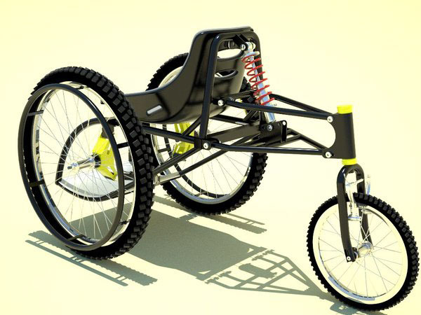 This product is designed to meet the travel needs of a person with reduced motor skills in the lower limbs. The disabled is today with many barriers in society being limited in sport the high cost of special wheelchairs. What is sought is to make a product that can compete with wheelchairs that are in the market today in terms of costs and benefits. It combines the qualities of a common wheelchair a chair with the sport giving users certainty about the rigidity of the structure a third point of support provided by the rear wheel and a comfort in the displacement that gives the suspension system and road of 26 ¨ front wheels. It has a suspension system that adapts to the weight of the user and a regulator of camber in the front wheels. The armchair is constructed as a fiberglass monocoque with a upholstery designed to give comfort and a better position to user also has an adjustable belt.