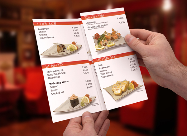 black brochure cafe china clean Food  japanese menu prices red restaurant restaurant menu salmon