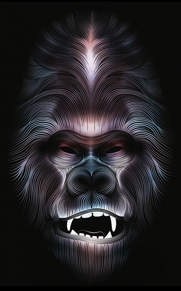 gorilla monkey lines stripes line art animal wild face angry black dark Montreal Quebec Canada portrait