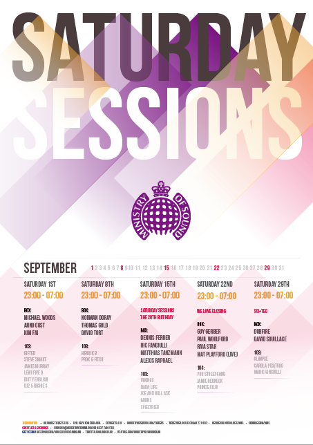 Ministry of Sound Saturday Sessions club poster Promotional experimental Nightlife rave lights basement jaxx London Illustrator logo Saturday  minimal