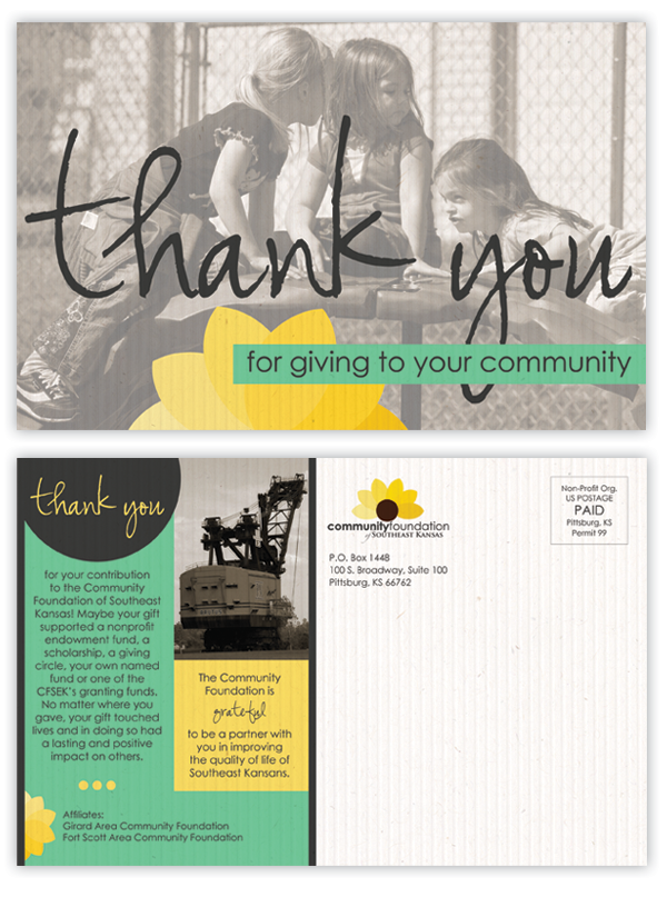 community foundation non profit postcard mailer Direct mail yellow teal design