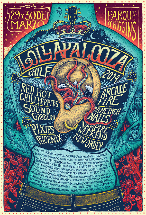 lollapalooza drawing dibujo poster afiche type pencil ink colorful color detailed details detalles graphic