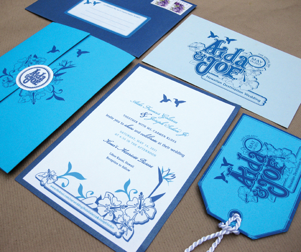 lettering HAWAII wedding Invitation blue