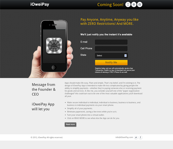 landing page  iphone app Responsive payment black Coming Soon