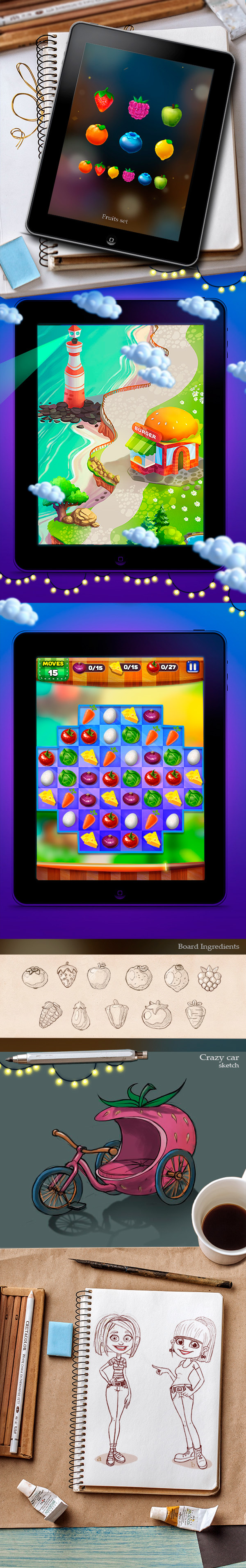 kitchen story apps game Fruit vegetables map match 3 logo UI